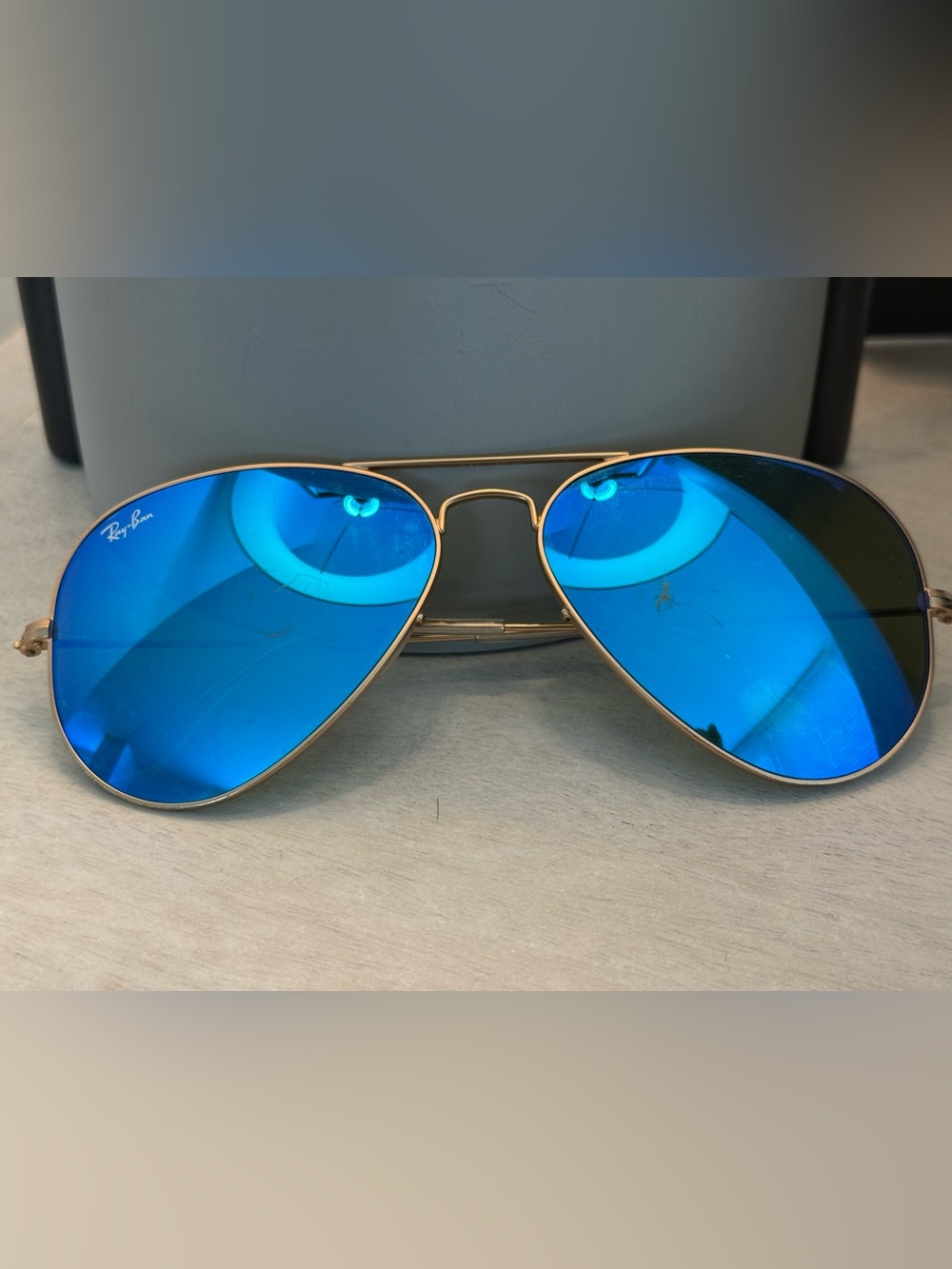 Ray-Ban Gold Aviator Sunglasses with Blue Mirrored Lenses